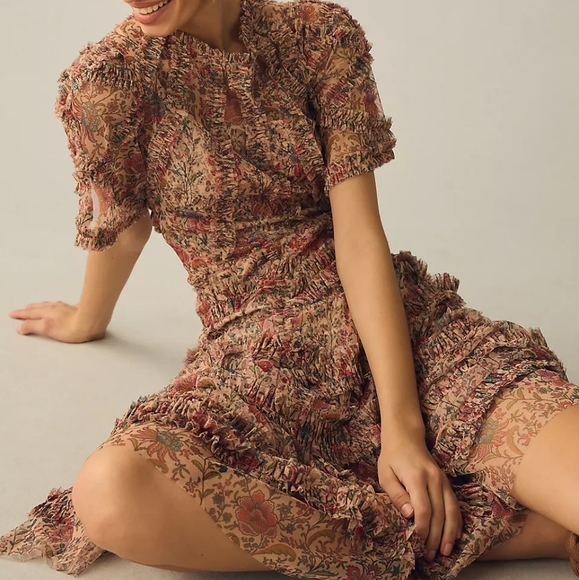 Mac Duggal FLORAL FLUTTER SLEEVE MESH PRINT DRESS - Picture 3 of 8